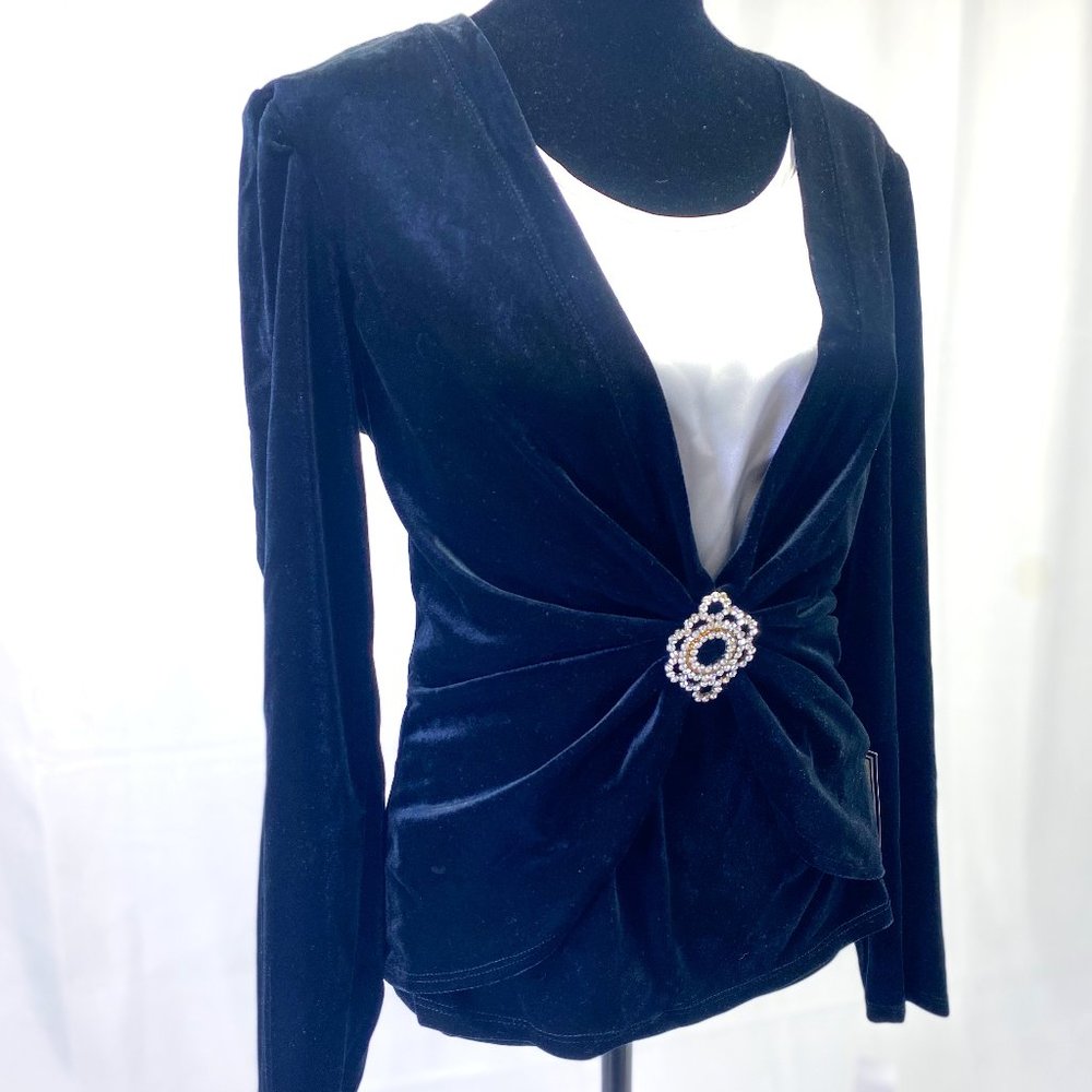 Vintage ONYX NITE Long Sleeve Velvet Diamond Gem Emblem Silk Blouse Shirt Top M